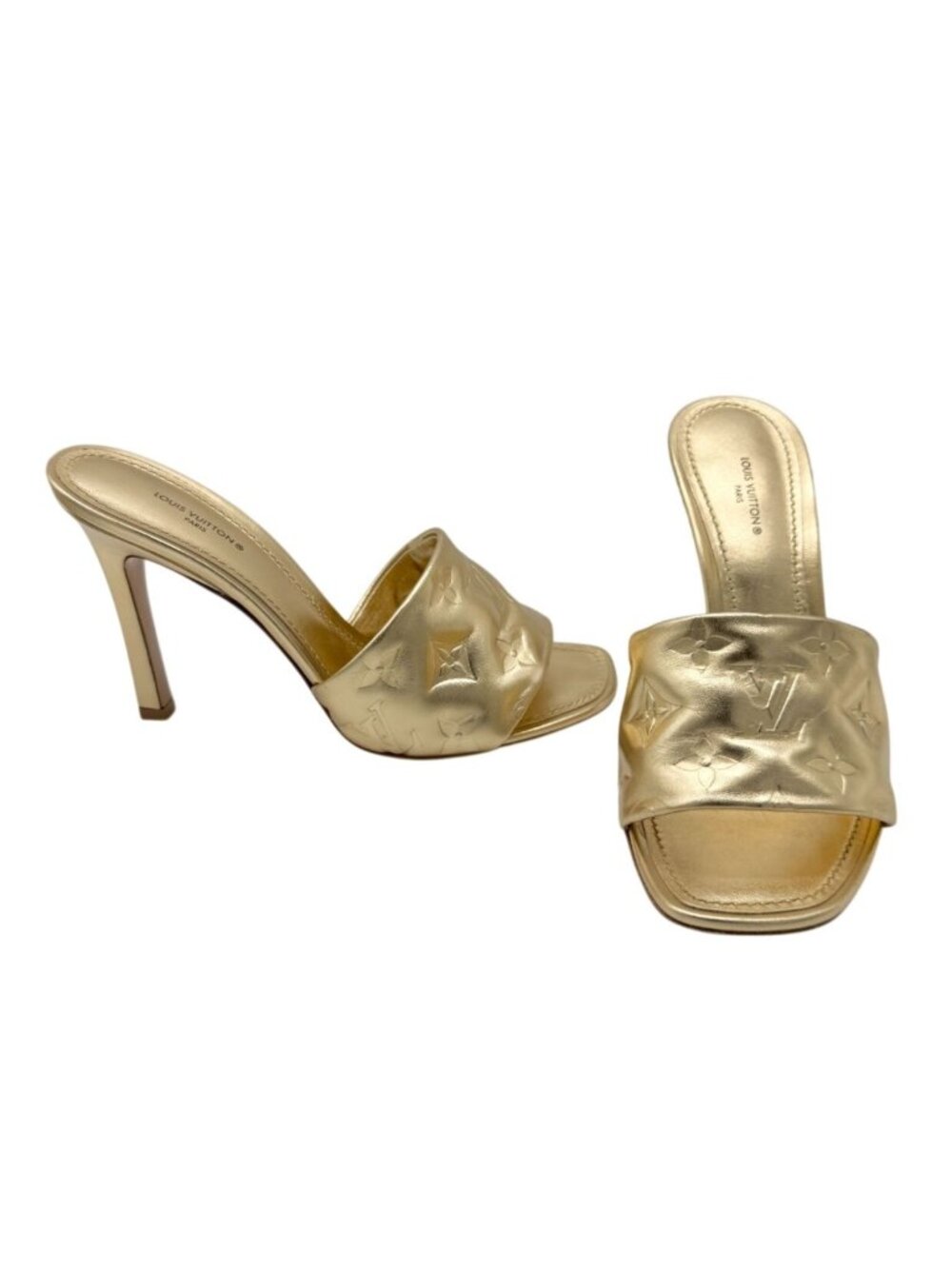 Louis Vuitton Revival High Heel Mules Metallic Embossed Monogram - Size 8.5